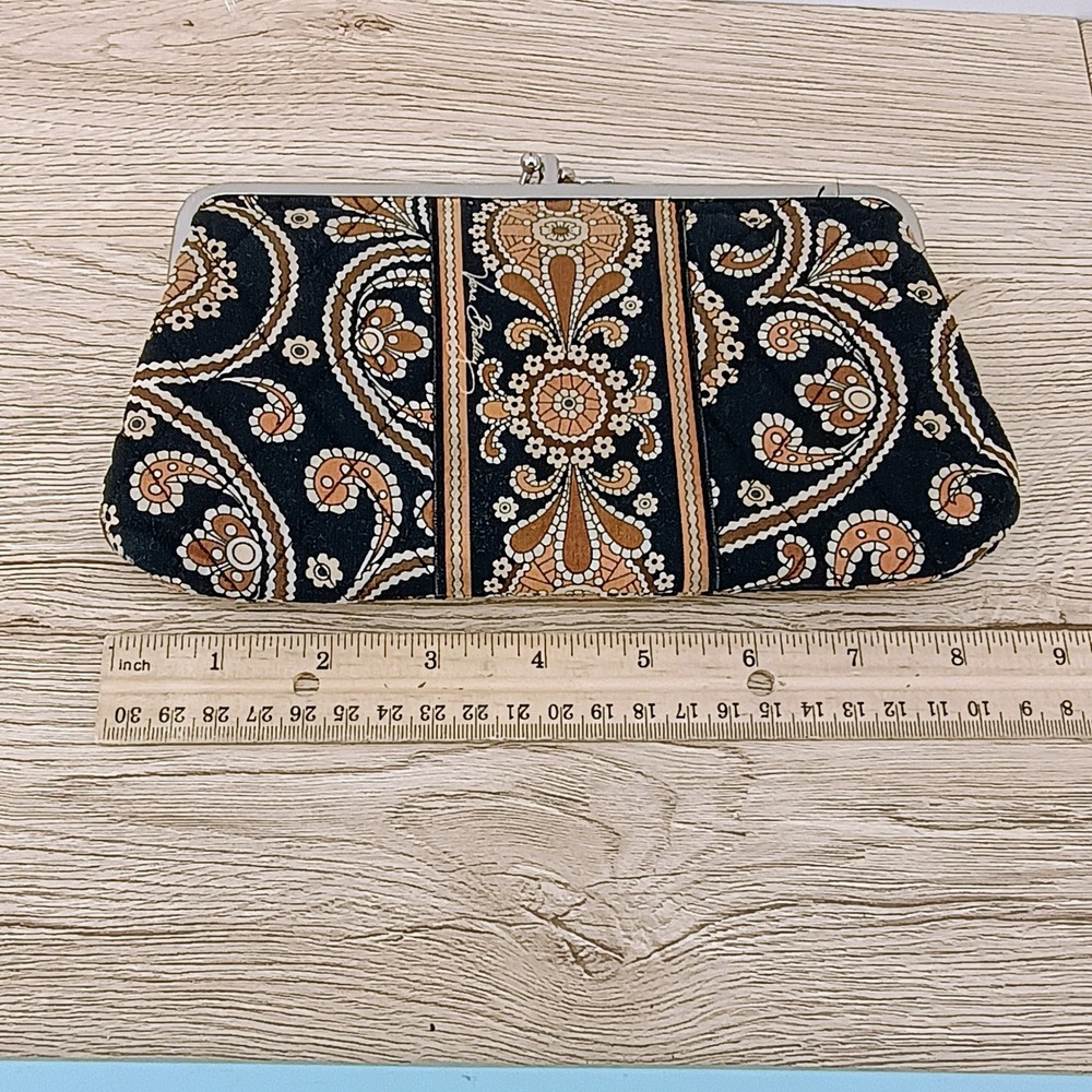 Vera Bradley Cafe Latte Quilted Kisslock Frame Clutch Wallet Paisley Black Tan - Picture 10 of 15
